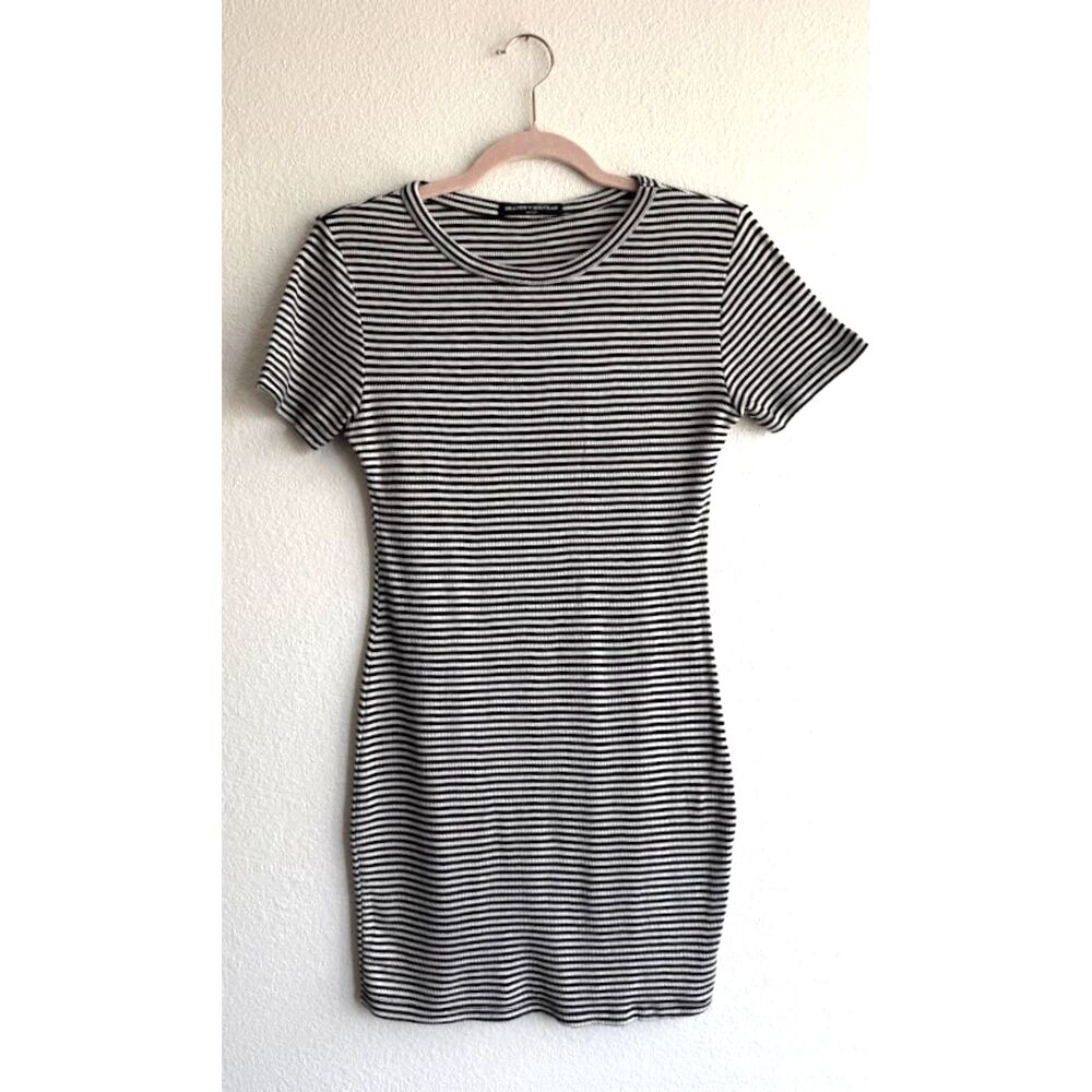 Brandy Melville 100% Cotton Ribbed Mini Tee Shirt Dress in Black & White Stripe